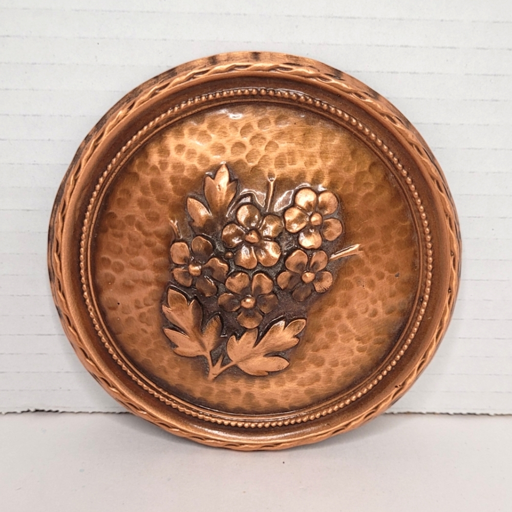 Lacquered Solid Copper Vintage Floral Wall Plate